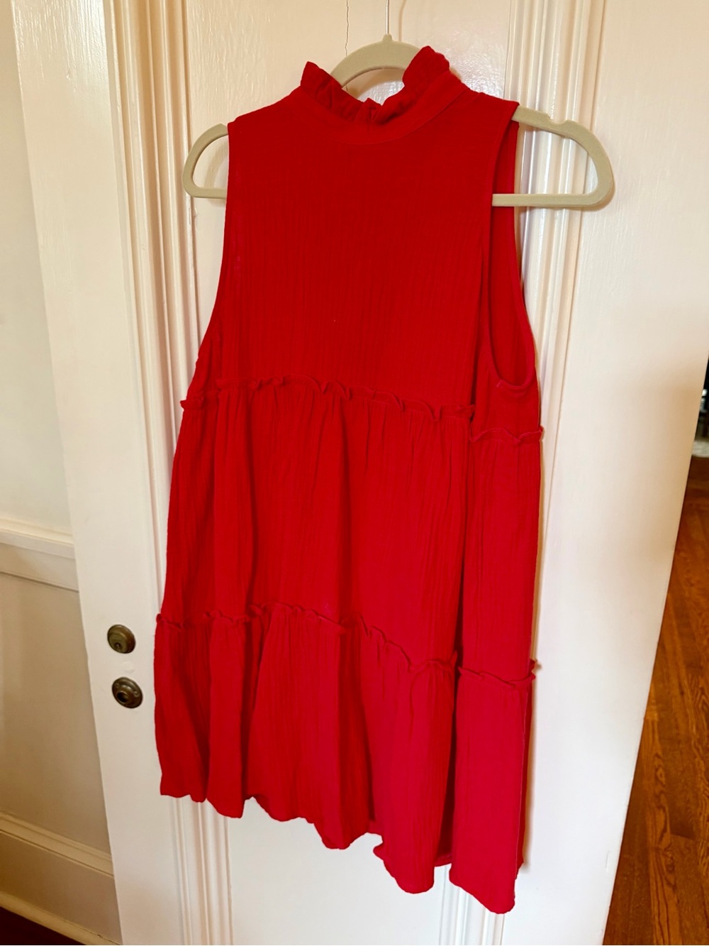 Tuckernuck. Red Sleeveless Ruffled Neck Tiered Tunic